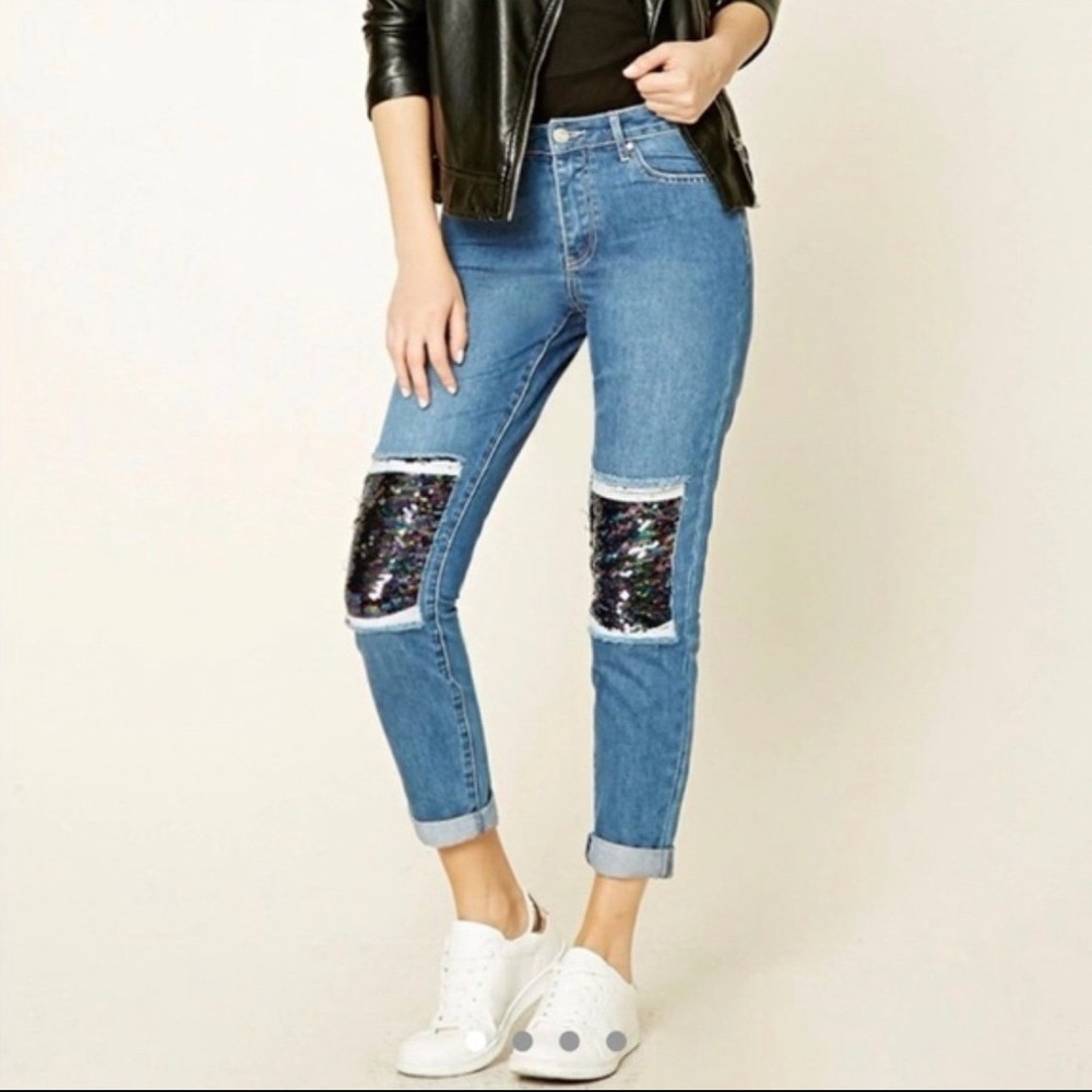 Forever 21 Blue Cropped Ankle Jeans with Sequin Patches